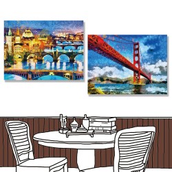24mama掛畫 二聯式 城市建築 運河 中世紀 插圖 繪畫藝術 美國加州 海灣 無框畫 40x30cm-布拉格與舊金山橋