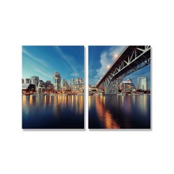 24mama掛畫 二聯式 城市建築 遊艇 加拿大 碼頭 橋 無框畫 30x40cm-黃昏溫哥華
