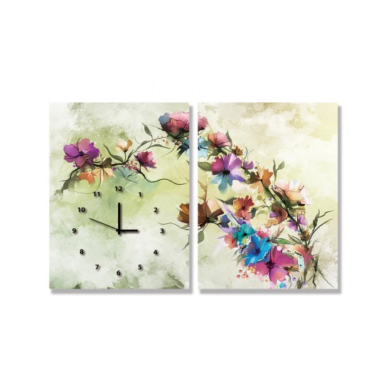 24mama掛畫 二聯式 抽象 花卉 手繪 復古 春天 花朵 無框畫 時鐘掛畫 30x40cm-柔和雛菊