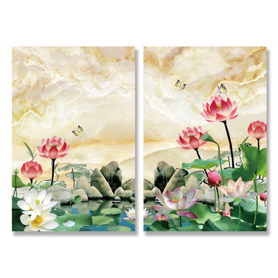 24mama掛畫 二聯式 大理石 白色 粉紅色 花卉 葉子 蝴蝶 無框畫 時鐘掛畫 40x60cm-池塘裡睡蓮