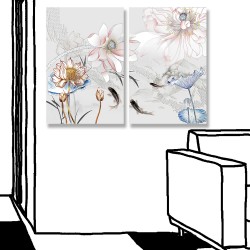 24mama掛畫 二聯式 粉色與藍色與米色花卉 動物 魚 無框畫 時鐘掛畫 40x60cm-神話般花朵