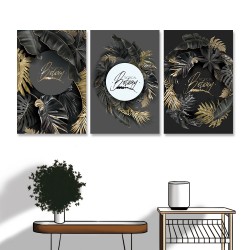 24mama掛畫 三聯式 現代 時尚設計 夏威夷 夏天 豪華 葉子 異國情調 金色 黑色 無框畫 40x60cm-奢華熱帶植物