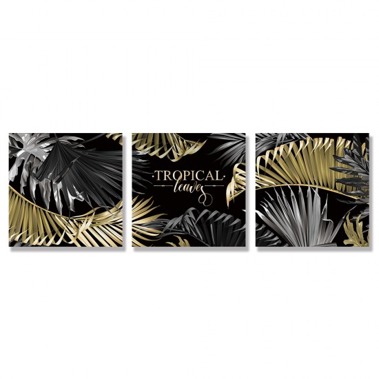 24mama掛畫 三聯式 現代 時尚設計 夏威夷 夏天 豪華 葉子 異國情調 金色 黑色 無框畫 30x30cm-奢華熱帶植物