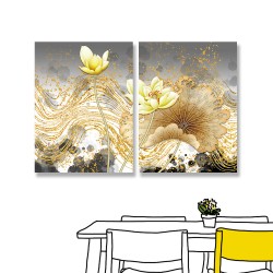 24mama掛畫 二聯式 抽象 波浪 線條 花卉 無框畫 30x40cm-黃色睡蓮