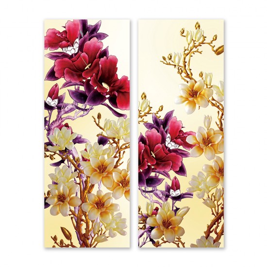 24mama掛畫 二聯式 美麗花卉 細枝 淺色 深色 米色 金色 花苞 無框畫 30x80cm-玉蘭花和牡丹