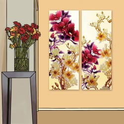 24mama掛畫 二聯式 美麗花卉 細枝 淺色 深色 米色 金色 花苞 無框畫 30x80cm-玉蘭花和牡丹