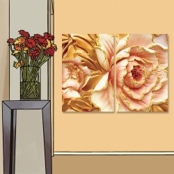 24mama掛畫 二聯式 金色葉子 藝術 華麗 時尚 優雅 花卉 無框畫 40x60cm-鍍金牡丹