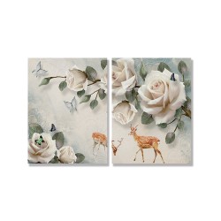 24mama掛畫 二聯式 動物 花卉 昆蟲 蝴蝶 美麗 開花 無框畫 30x40cm-玫瑰與梅花鹿
