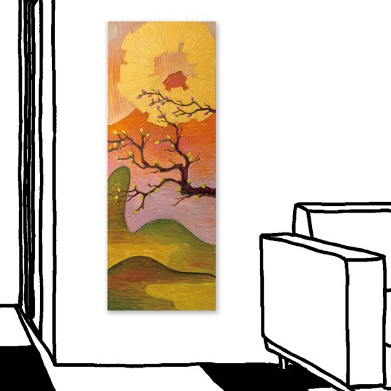 24mama掛畫 單聯式 花卉 金色 太陽 山丘 藝術 日本 樹 無框畫 30X80cm-櫻花與富士山
