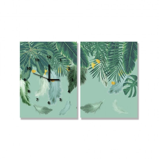 24mama掛畫 二聯式 插圖 羽毛 葉子 斑點 綠色 無框畫 時鐘掛畫 30x40cm-熱帶樹葉