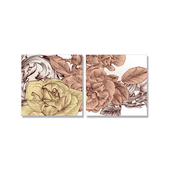 24mama掛畫 二聯式 優雅 復古 藝術 插圖 裝飾 植物 無框畫 30x30cm-時尚玫瑰花
