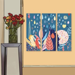 24mama 三聯式 美麗 秋天 植物 雨 漿果 插圖 裝飾 無框畫 30x80cm-豐富葉子
