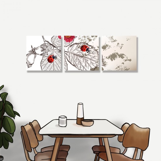 24mama掛畫 三聯式 藝術 夏天 植物 昆蟲 可愛 裝飾 插圖 無框畫 30x30cm-瓢蟲與葉子