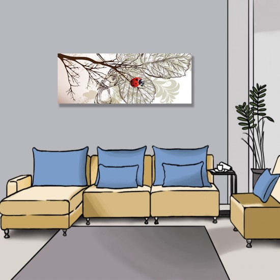 24mama掛畫 單聯式 藝術 夏天 植物 昆蟲 可愛 裝飾 插圖 無框畫 80x30cm-瓢蟲與葉子