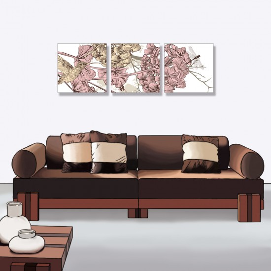 24mama掛畫 三聯式 藝術 動物 蜂鳥 昆蟲 蜻蜓 植物 美麗 無框畫 30x30cm-藝術花卉