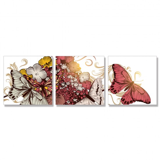 24mama掛畫 三聯式 藝術 夏天 插圖 昆蟲 蝴蝶 動物 蜂鳥 裝飾 豐富 無框畫 30x30cm-美麗花卉