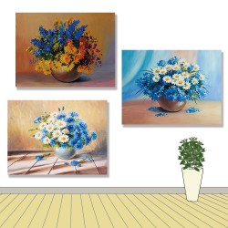 24mama掛畫 三聯式 花瓶 桌子 牆壁 印象派 秋天 靜物 美麗 雛菊 花朵 無框畫 40x30cm-多彩鮮花