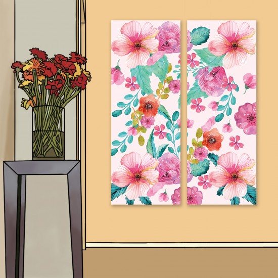 24mama掛畫 二聯式 豐富多彩 漂亮花卉 藝術繪畫 插畫 植物 無框畫 30x80cm-粉色戀愛花