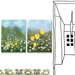 24mama掛畫 二聯式 花卉 手繪藝術 春天 天空 草地 無框畫 時鐘掛畫 30x40cm-鬱金香和雛菊花園
