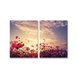 24mama掛畫 二聯式 花卉 陽光 復古 粉紅色 天空 雲 無框畫 時鐘掛畫 30x40cm-美麗花田