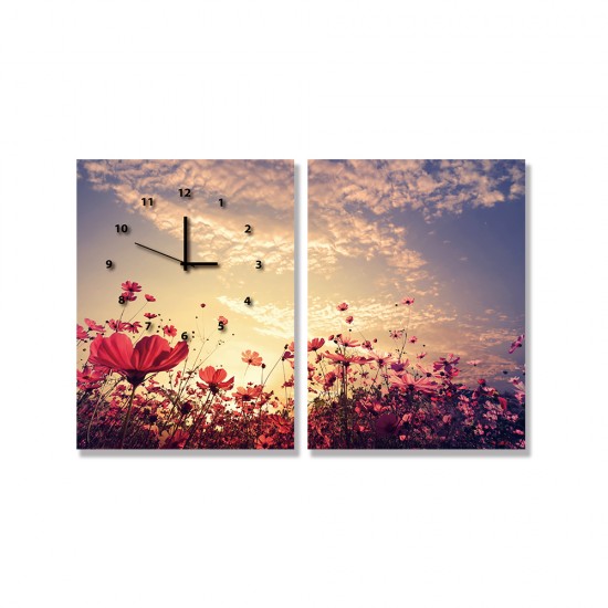 24mama掛畫 二聯式 花卉 陽光 復古 粉紅色 天空 雲 無框畫 時鐘掛畫 30x40cm-美麗花田