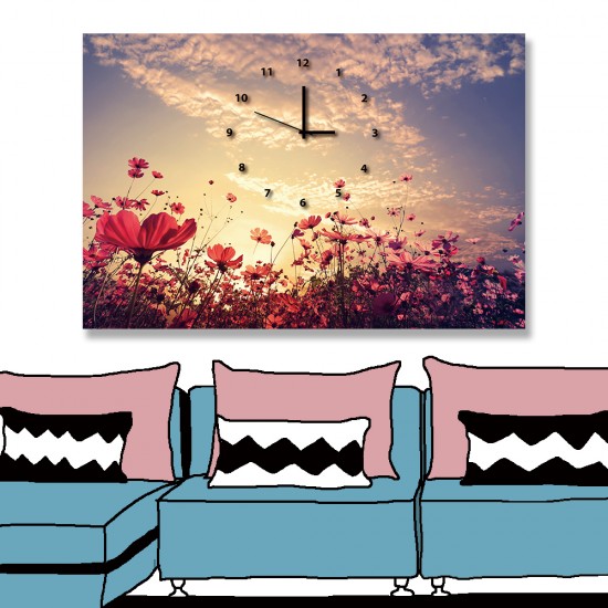 24mama掛畫 單聯式 花卉 陽光 復古 粉紅色 天空 雲 無框畫 時鐘掛畫 60x40cm-美麗花田