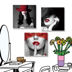 24mama掛畫 三聯式 美麗 時尚 紅色 黑白 女人 年輕 藝術 法國 無框畫 30x30cm-美麗女人