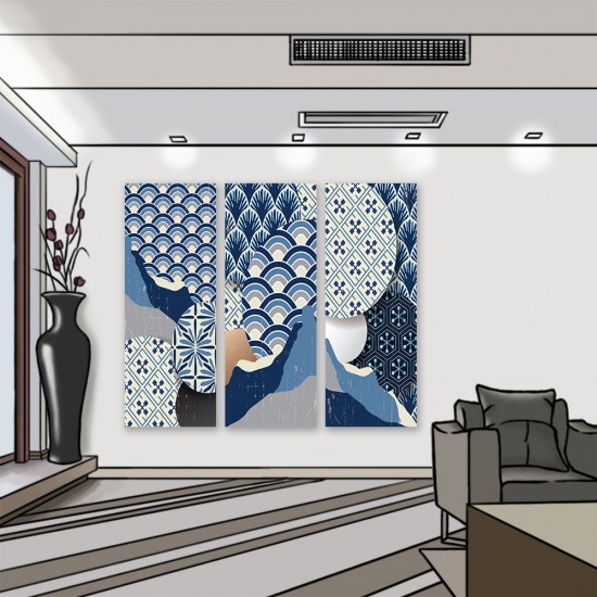 24mama 三聯式 現代 裝飾 設計 幾何 元素 東方 華麗 圖案 風格 質地 無框畫 30x80cm-日本時尚藝術01