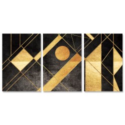 24mama掛畫 三聯式 插圖 線條 幾何 黑色 藝術 無框畫 40x60cm-抽象金色