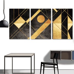 24mama掛畫 三聯式 插圖 線條 幾何 黑色 藝術 無框畫 40x60cm-抽象金色