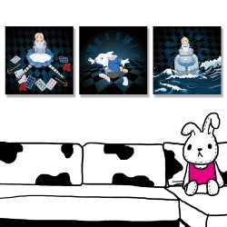 24mama掛畫 三聯式 抽象 撲克牌 格子 玫瑰 花朵 鑰匙 動物 兔子 跑步 透明罐子 海浪 無框畫 30x30cm-愛麗絲與懷錶白兔