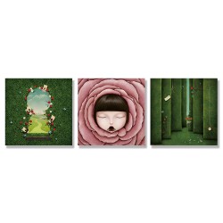 24mama掛畫 三聯式 玫瑰 美好 鑰匙 花朵 女孩 迷宮 無框畫 30x30cm-幻想故事04