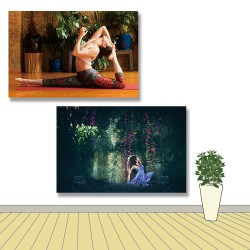 24mama掛畫 二聯式 美麗 女人 年輕 岩石 秋天 植物花卉 活力 放鬆 工作室內 無框畫 時鐘掛畫 60x40cm-女子優雅瑜珈