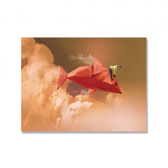 24mama掛畫 單聯式 女孩 摺紙魚 藝術插畫 天空 無框畫 40x30cm-騎在雲中