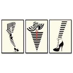 24mama掛畫 三聯式 高跟鞋 腿 時尚藝術 人物 現代 性感魅力 美麗 設計 無框畫 40x60cm-條紋女性鞋