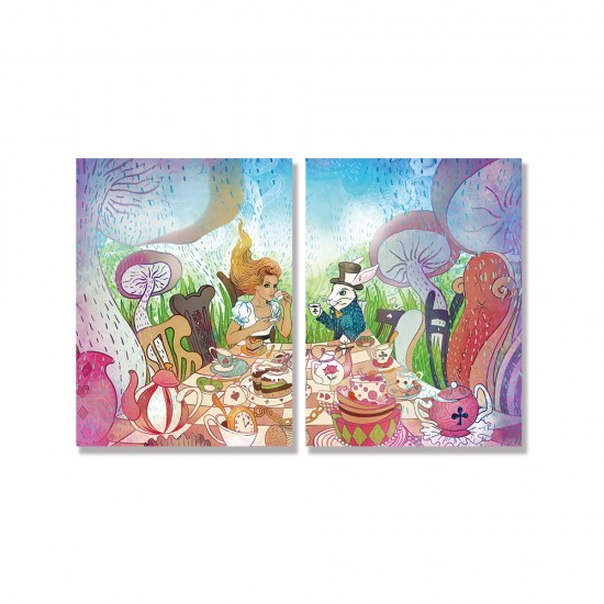 24mama掛畫 二聯式 愛麗絲夢遊仙境 插圖 女孩 動物 白色兔子 蘑菇 茶會 童話 甜點 無框畫 30x40cm-瘋狂茶會
