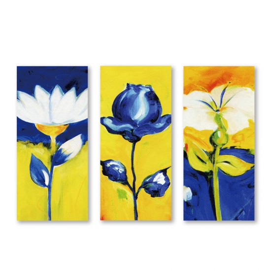 24mama掛畫 三聯式 藍白花卉 強烈對比 油畫風 無框畫 23x50cm-選美