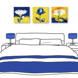 24mama掛畫 三聯式 藍白花卉 強烈對比 油畫風 無框畫 30x30cm-選美