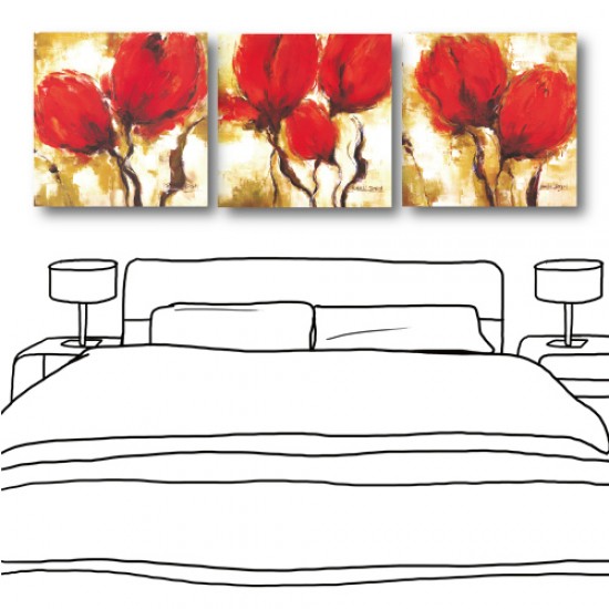 無框畫 掛畫 居家布置 花卉 三聯式 方形 30x30cm-紅艷