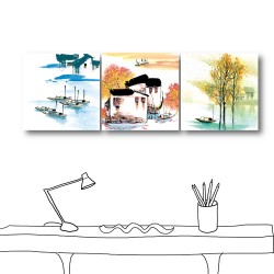 三聯式 方型 風景 水彩掛畫 無框畫 補習班佈置 家飾品 -夢境-30x30cm