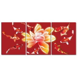 三聯式 直幅 花卉 無框畫 掛鐘 壁鐘 家飾品-紅鯉聚財30x40cm
