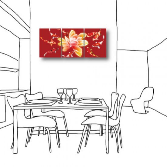 三聯式 直幅 花卉 無框畫 掛鐘 壁鐘 家飾品-紅鯉聚財30x40cm
