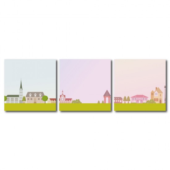 三聯式 方型 風景 粉色 無框畫 掛鐘 客廳 民宿飯店-粉紅城鎮30x30cm
