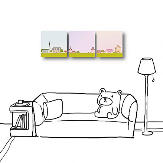 三聯式 方型 風景 粉色 無框畫 掛鐘 客廳 民宿飯店-粉紅城鎮30x30cm