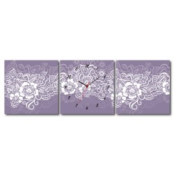 三聯式 方型 花卉 紫色 白色 無框畫 掛鐘 壁鐘 客廳 民宿 餐廳 飯店 家居裝飾-花的描繪30x30cm