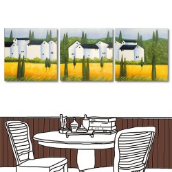 三聯式 方形 風景 油畫 無框畫 家飾品 小孩房裝潢 補習班 幼兒園-白屋前的金黃稻-30x30cm