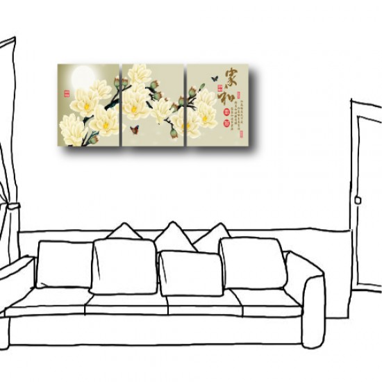 三聯式 直幅 花卉 白色 無框畫 家居佈置-夜月白花-30x40cm