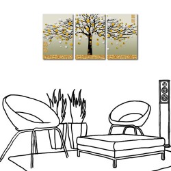 三聯式 直型 無框畫 掛鐘 壁鐘 油畫布 鑽石布掛畫 壁畫 家飾品-發財樹40x60cm