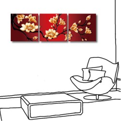 三聯式 方型 花卉 紅色 喜氣 無框畫 掛鐘 家居佈置-喜上眉梢-30x30cm