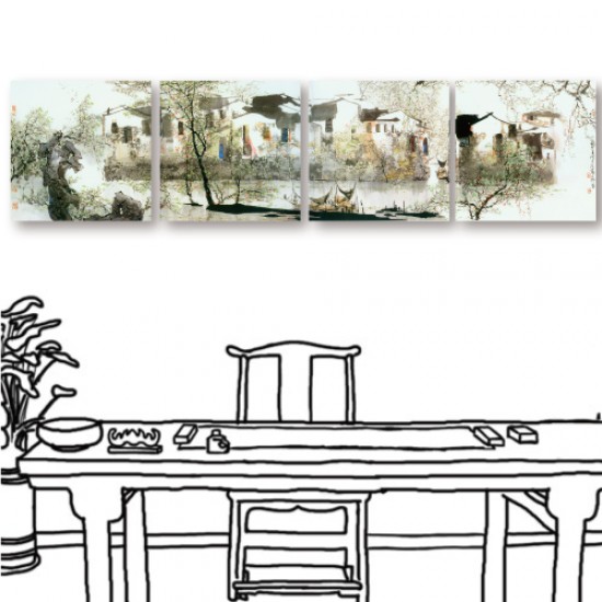 四聯式 方型 無框畫 掛畫 水墨畫 中國風 家飾品-湖畔-30x30cm